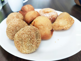 Selective focused on Malaysian traditional cakes are placed in a white plate.