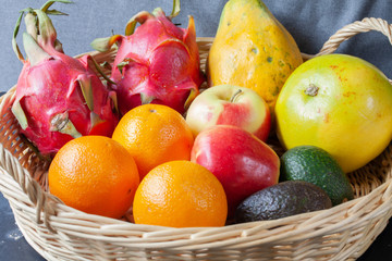 A collection of fruits in big basket made of rattan. There are dragon fruit, papaya, pomelo, orange, apples and avocado.