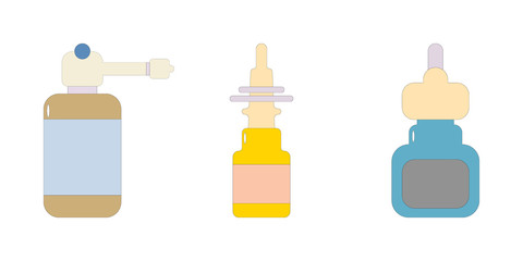 Fototapeta premium Medical Spray vector set isolated on white background. Pharmaceutical medicine and drop for colds, flu, cough medications: sprays and drops in the nose, throat sprays. Pneumonia and COVID-19 treatment
