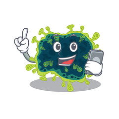 Mascot design of beta coronavirus speaking on phone