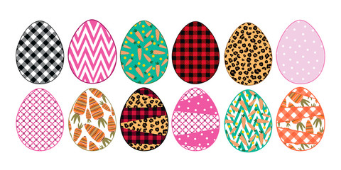 .Mixed pattern eggs collection.  Leopard, buffalo plaid, polka dots, carrot pattern, zigzag ,etc. Easter design elements...