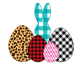 .Easter bunny silhouette and mixed pattern eggs . Leopard, buffalo plaid and zigzag. Easter design elements. Vector illustration.