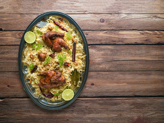 Arabic traditional food bowls Kabsa with meat