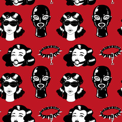 Black and white BDSM Vintage ink women with collar seamless pattern. Collection of retro girls for sex party, shop. Isolated on red background