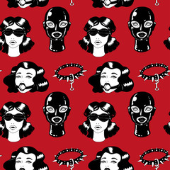 Black and white BDSM Vintage ink women with collar seamless pattern. Collection of retro girls for sex party, shop. Isolated on red background