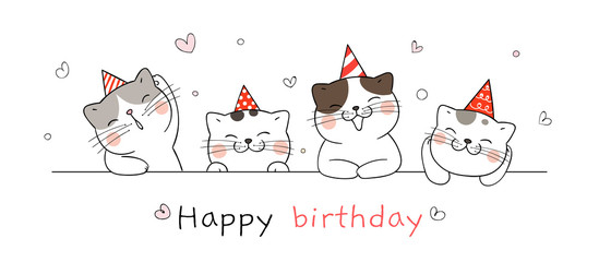 Draw banner cute cat for happy birthday.