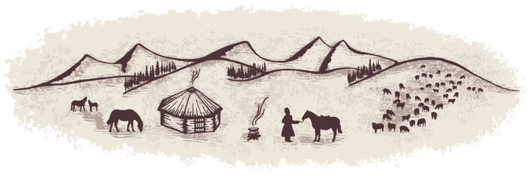 Sketch on the topic of life in Altai, cattle breeding and traditional nature use, vector illustration
