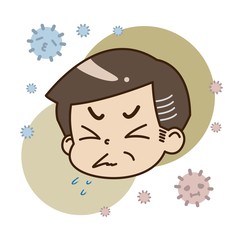 クシャミをしている中年男性とハウスダストのイラスト