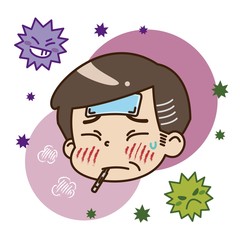 熱が出ている中年男性とウイルスのイラスト