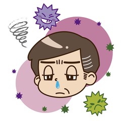 鼻水が出ている中年男性とウイルスのイラスト