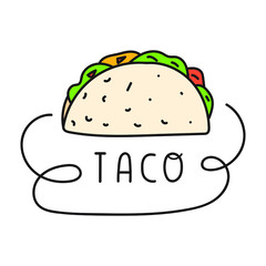 Mexican traditional food - taco. Vector hand drawn badge illustration. Concept for cafe, restaurant.