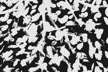 Abstract black white image with long and short intermittent lines made by brush. A monochrome image drawn by hand. Dirty shabby smears of black paint. Vector eps illustration. - obrazy, fototapety, plakaty