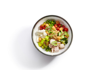Couscous with chiken and avocado top view