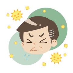 花粉症でクシャミが出ている中年男性と花粉のイラスト