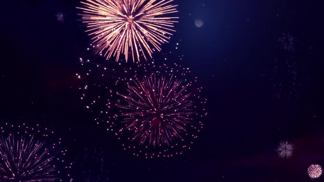 Colorful fireworks exploding in the night sky Loop Animation. Birthday, Anniversary, Celebration, Holiday, new year, Party, event, celebrations, Invitation, carnival, Christmas, festival, greeting