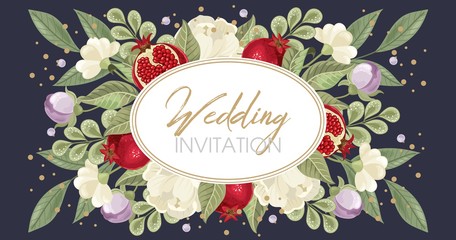 Wedding invitations with pomegranate and leaves. Composition for a wedding or greeting card. Design element for wedding,
 birthday, natural and eco cosmetics. Can be used for a poster, invitation , or