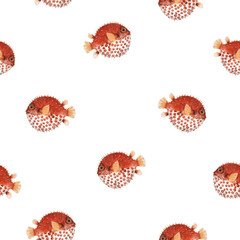 Beautiful seamless vector pattern with very cute watercolor hedgehog fishes. Stock illustration. Sea life wallpaper. Underwater marine background.