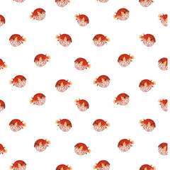 Beautiful seamless vector pattern with very cute watercolor hedgehog fishes. Stock illustration. Sea life wallpaper. Underwater marine background.