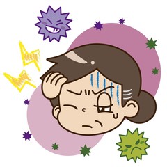 頭痛を患っている中年女性とウイルスのイラスト