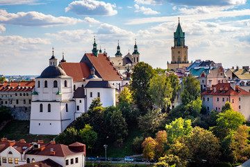 Lublin, Poland - Panoramic view of city center with St. Stanislav Basilica and Trinitarian Tower in historic old town quarter