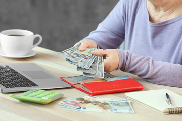 Fototapeta na wymiar Senior woman counting money at home