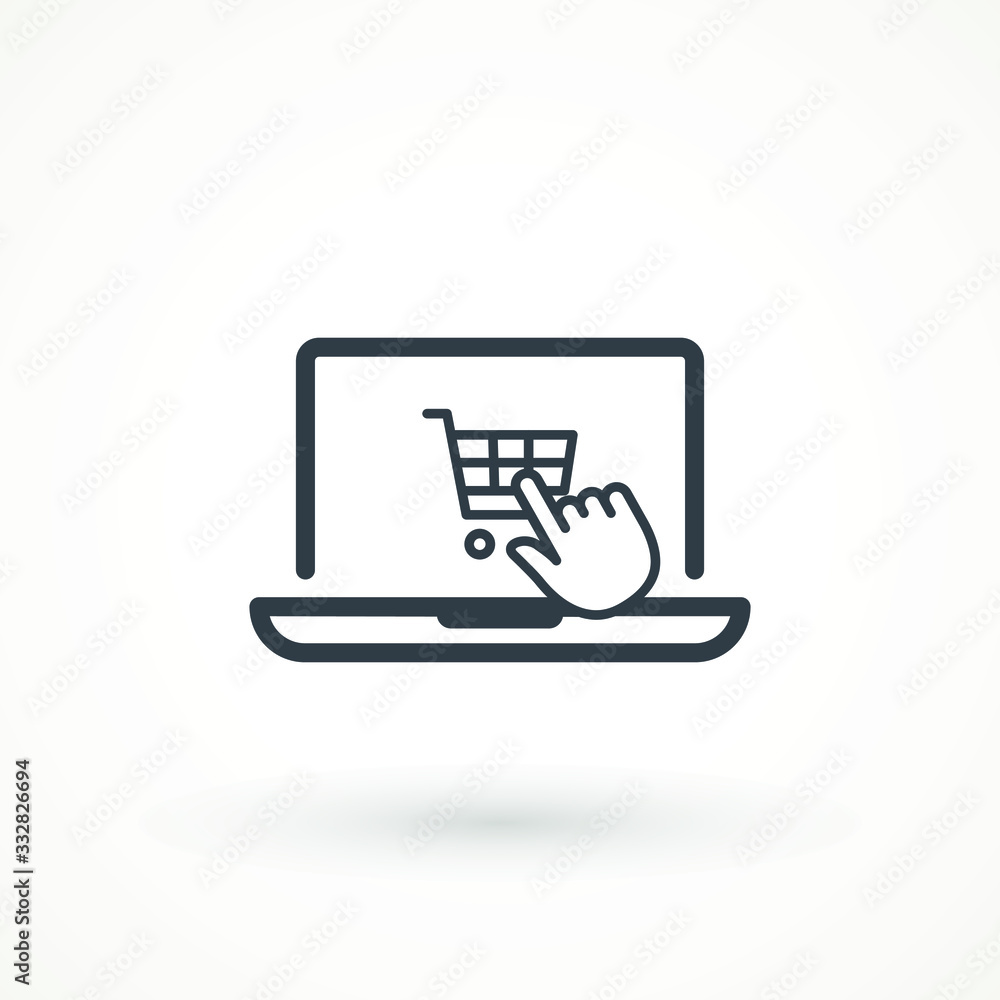 Poster computer display with shopping cart line icon, vector sign, linear style pictogram isolated on white