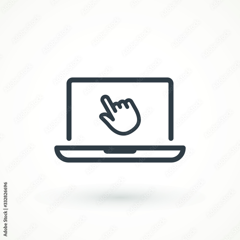 Poster computer display with shopping cart line icon, vector sign, linear style pictogram isolated on white