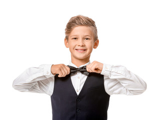 Cute little waiter on white background