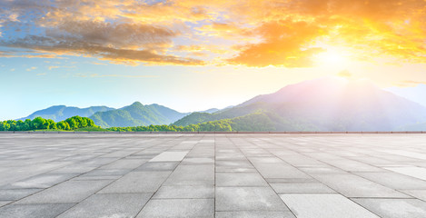 Empty square floor and green tea mountain nature landscape at sunset,panoramic view.