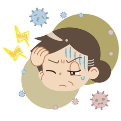 頭痛を患っている中年女性とハウスダストのイラスト