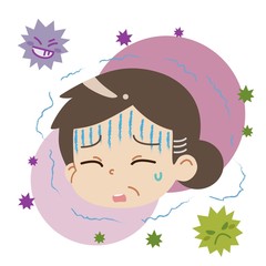 寒気・悪寒を感じている中年女性とウイルスのイラスト