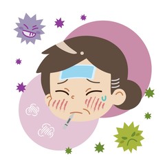 熱が出ている中年女性とウイルスのイラスト