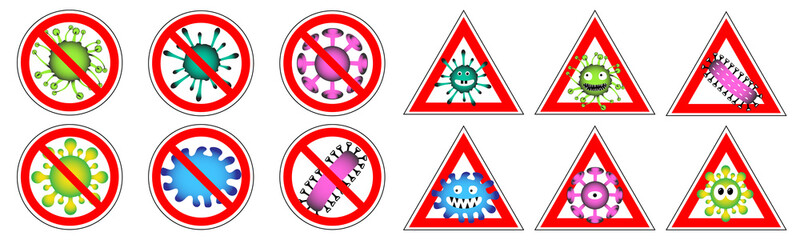 Coronavirus. Set of prohibiting signs and warning signs. Danger of covid-19. Vector illustration.