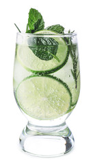 Glass of fresh lime lemonade on white background