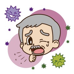 咳をする高齢男性とウイルスのイラスト