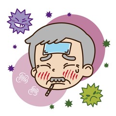 熱が出ている高齢男性とウイルスのイラスト