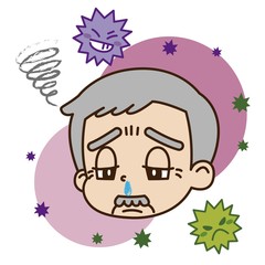 鼻水が出ている高齢男性とウイルスのイラスト