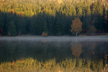 Calm lake on during autumn with reflexions on the water