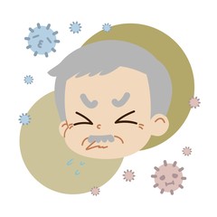 クシャミをしている高齢男性とハウスダストのイラスト