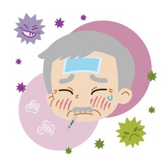 熱が出ている高齢男性とウイルスのイラスト