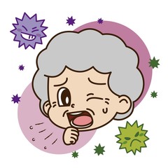 咳をする高齢女性とウイルスのイラスト