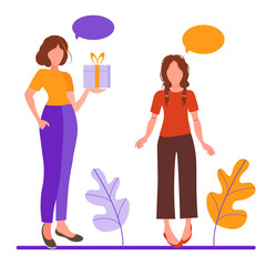 Two girls. Girlfriends. Feminism. A woman holds a large wrapped purple gift box decorated with a yellow ribbon.