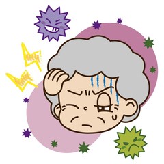 頭痛を患っている高齢女性とウイルスのイラスト