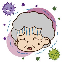 寒気・悪寒を感じている高齢女性とウイルスのイラスト