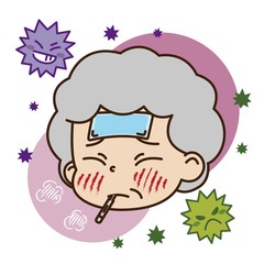 熱が出ている高齢女性とウイルスのイラスト
