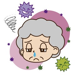 鼻水が出ている高齢女性とウイルスのイラスト
