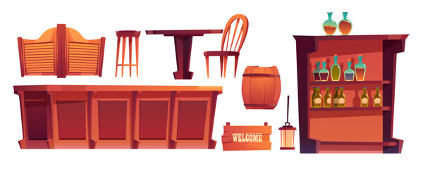 Cowboy saloon, western retro bar furniture and stuff set. Wooden swing door, table, chair and counter desk, wine barrel, shelf glass bottles, lantern and welcome signboard. Cartoon vector clip art