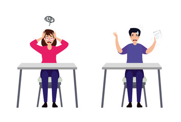 couple with stress attack in desks vector illustration design