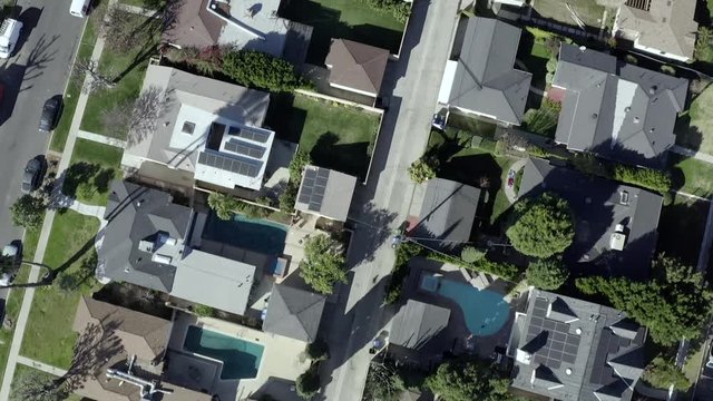 Aerial birds eye view, Van Nuys neighborhood suburb in Los Angeles, California