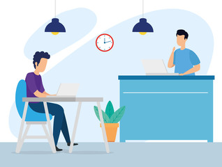 scene of coworking with men in workplace vector illustration design